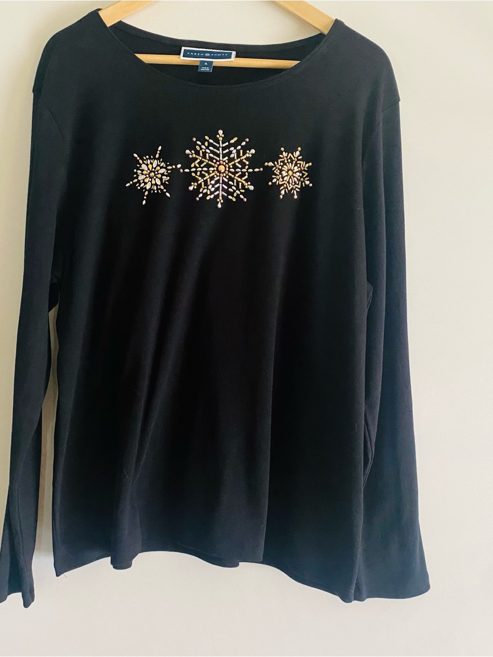 Karen Scott Black Long Sleeve Tee with Jeweled Snowflake Motifs, Size XL